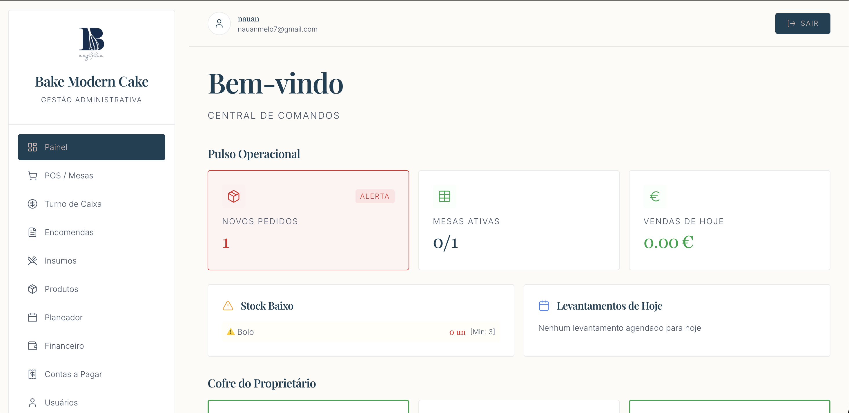Bake Coffee dashboard view